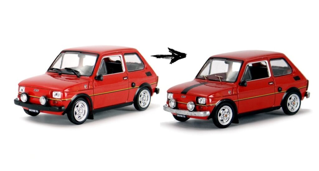 Kultowe Maluchy Hachette, 1/43 scale diecast model before and after