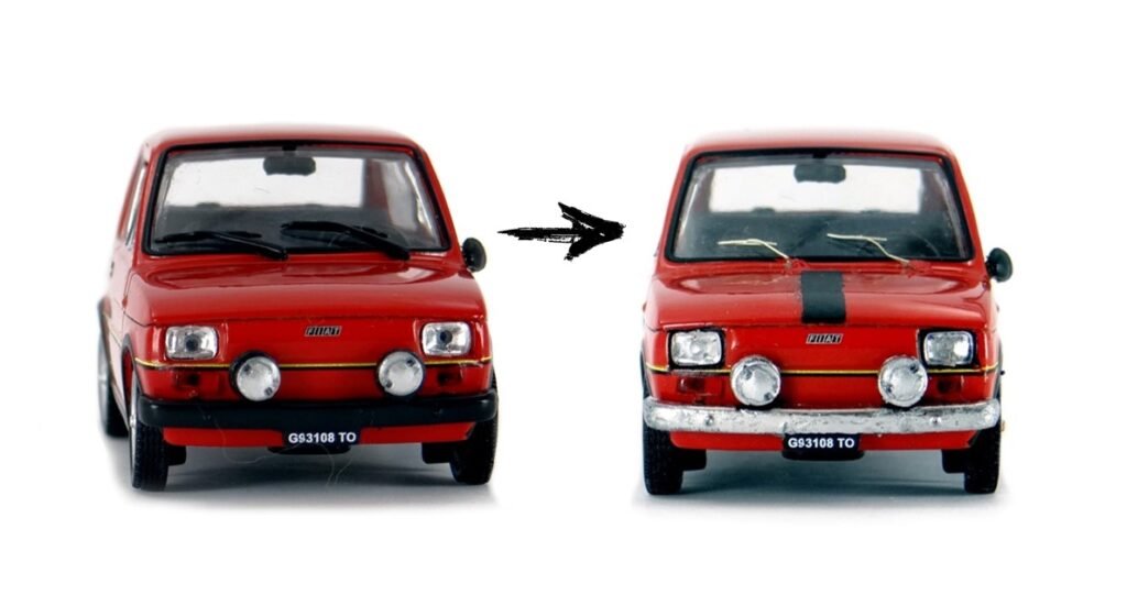 Kultowe Maluchy Hachette, 1/43 scale diecast model before and after